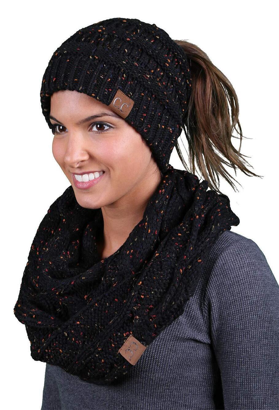 7842 Matching 2 Pack: Ponytail Beanie & Infinity Scarf - Black Confetti